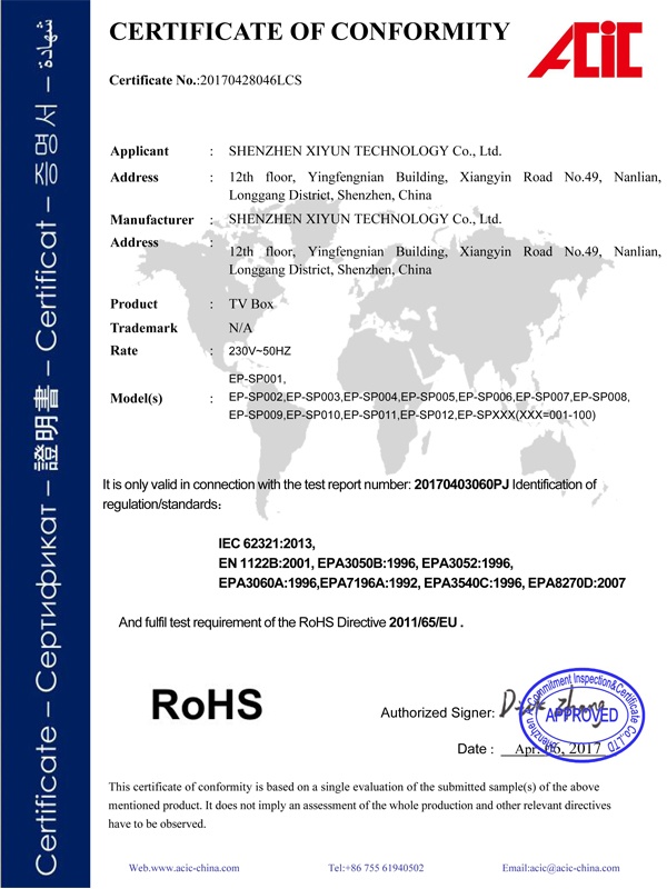 ROHS Certificate of Media box